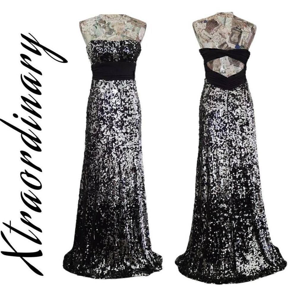 Xtraordinary Formal Strapless Empire Waist Black & Silver Sequin Gown Long Dress
